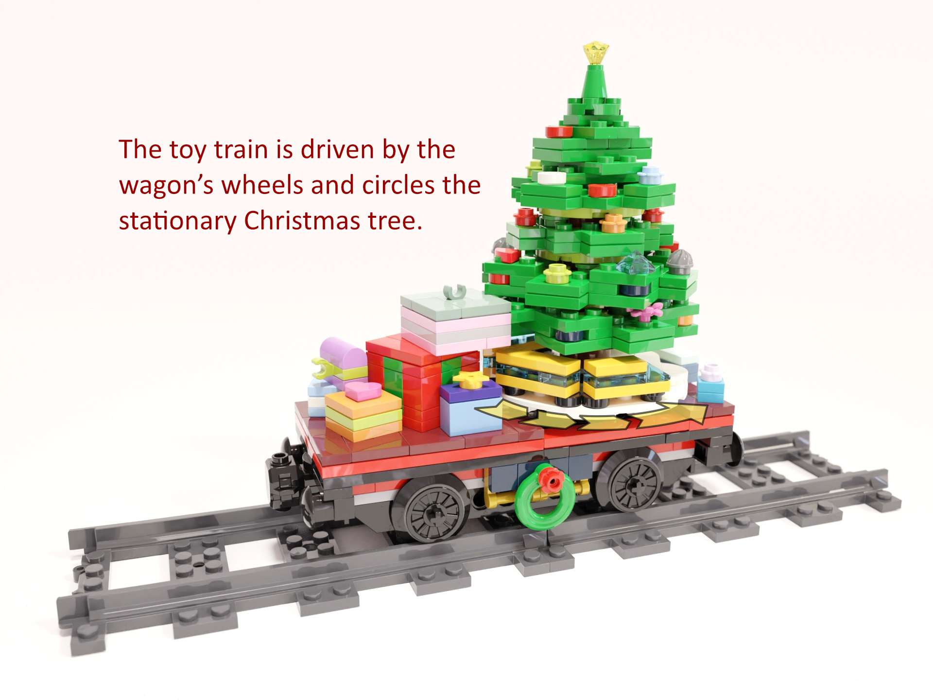 Picture 3: The toy train is driven by the wagon's wheels and circles the stationary Christmas tree.